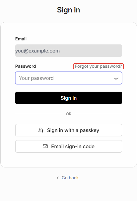 Hosted sign-in password step with the Forgot your password link highlighted beside the Password field