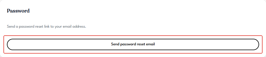 Settings Account tab Password section with the Send password reset email button highlighted
