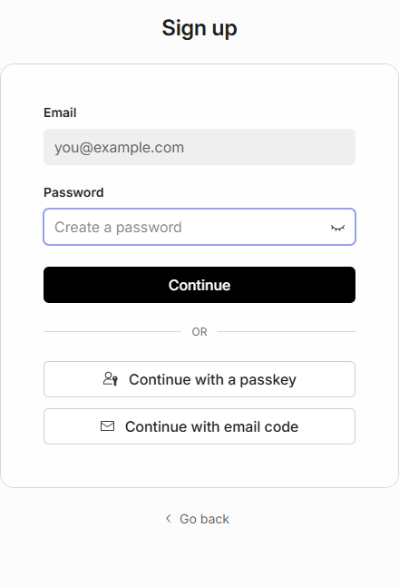 Hosted sign-up step after entering name and email, showing a Create a password field plus Continue-with-a-passkey and Continue-with-email-code alternatives