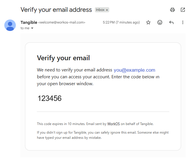 Verification email from Tangible, sent via WorkOS, showing the six-digit code and a note that it expires in 10 minutes