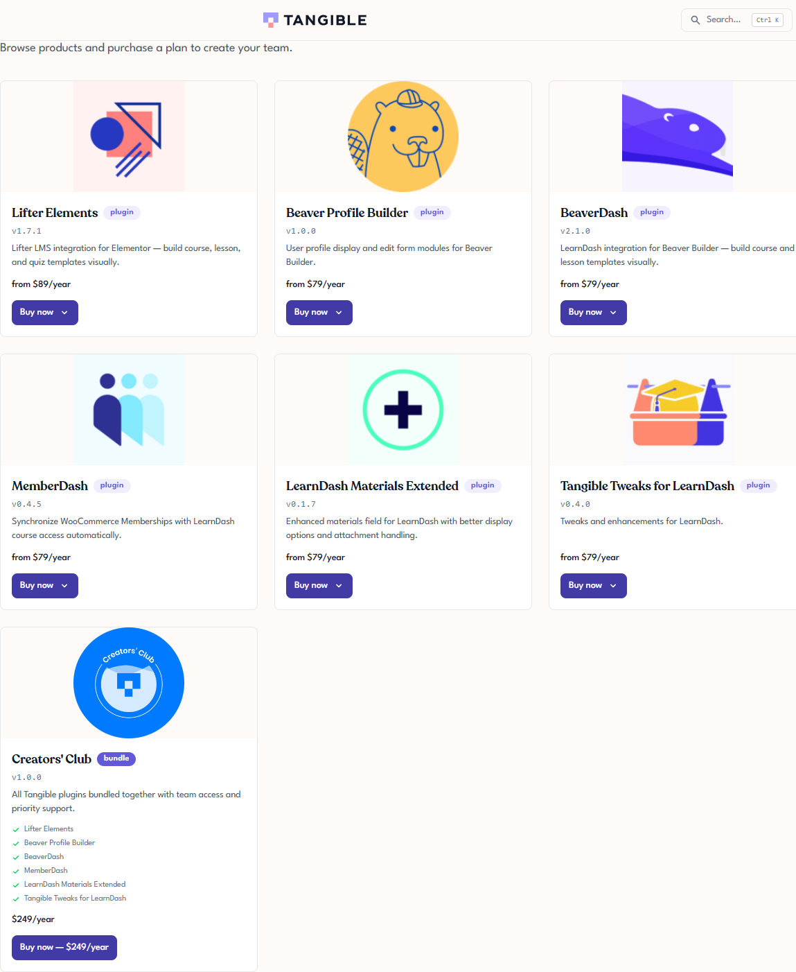 Tangible Cloud products page showing the Get More Products tab with the full catalog of plugins and bundles