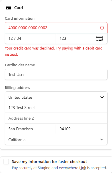 Stripe-hosted checkout showing a declined card error in red beside the card number field, with the message Your credit card was declined