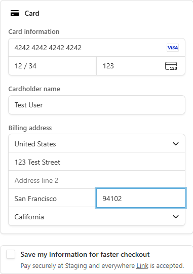 Stripe-hosted checkout page during a Tangible Cloud purchase showing the product line item, filled card details, and billing address