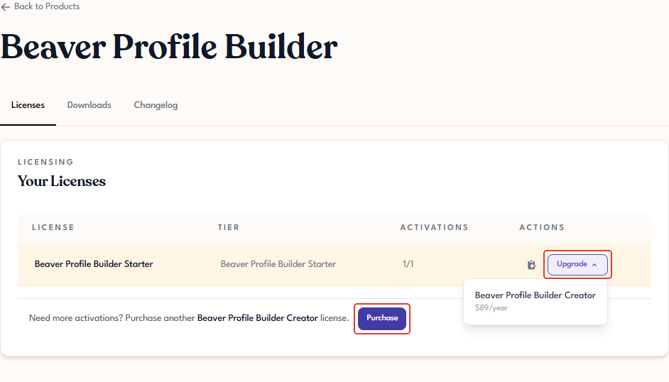 Product detail Licenses tab with the Upgrade dropdown expanded and the Purchase button, both highlighted