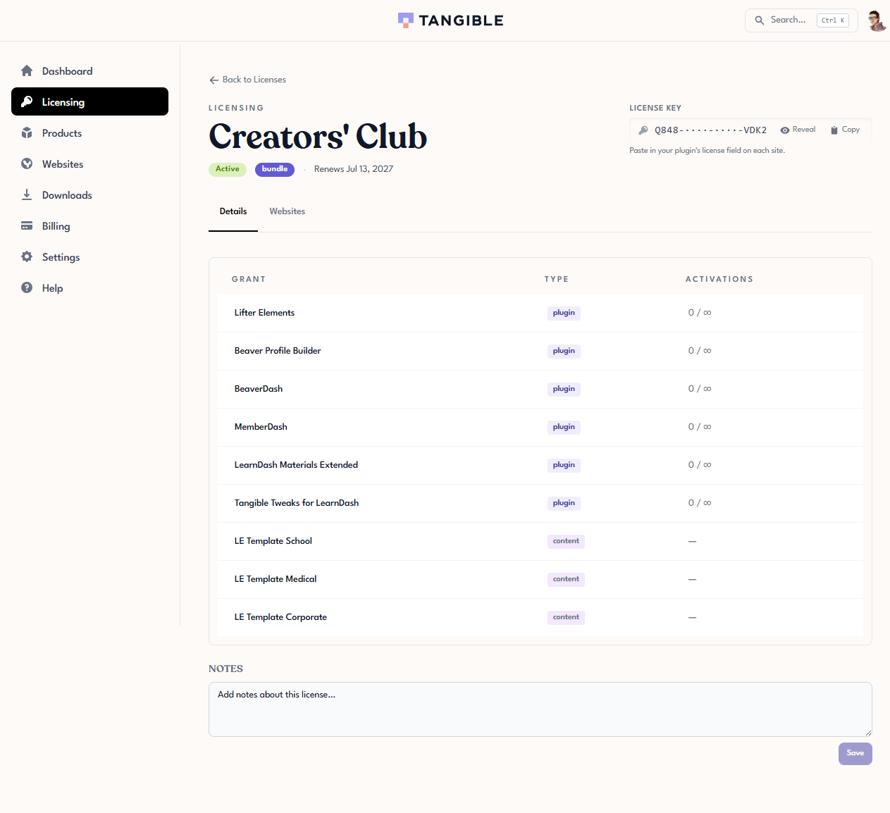 License detail page Details tab for a Creators' Club license showing multiple grant rows for each plugin and template pack included in the bundle