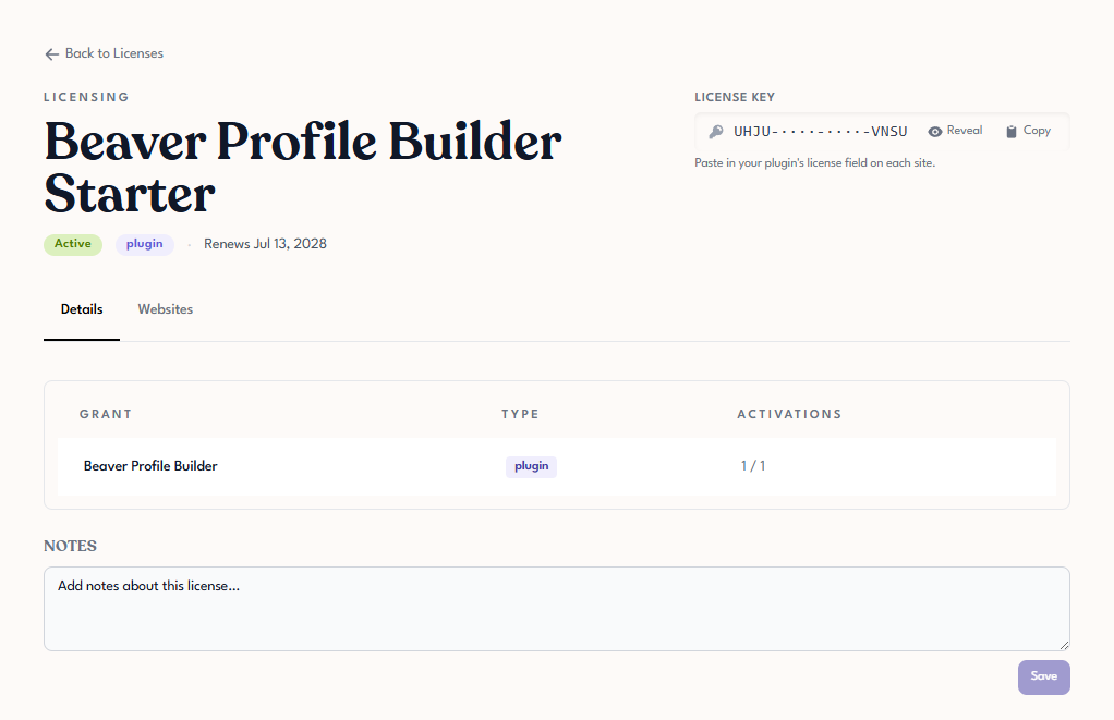 License detail page Details tab for a single-product license showing one grant row with the product name, type, and allocated activations