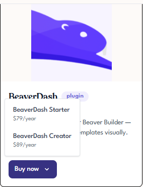 Catalog card with the Buy now dropdown open, showing the Starter and Creator tiers with prices