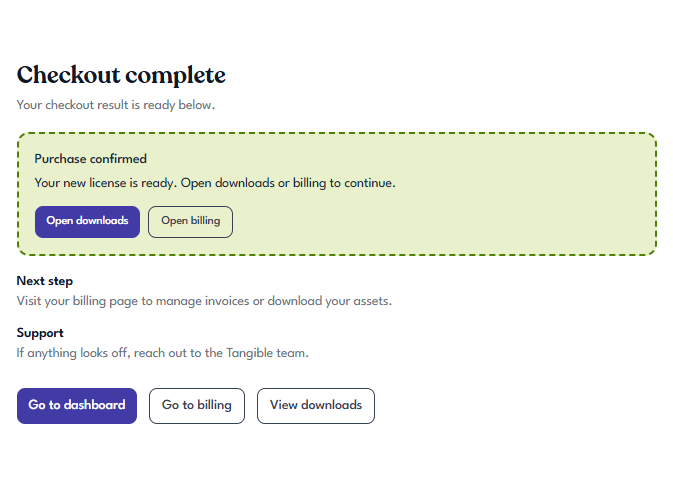 Checkout complete page confirming the purchase, with shortcuts to downloads and billing