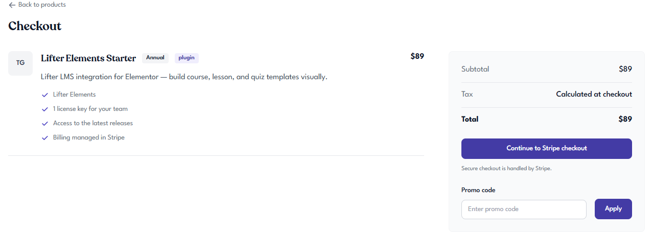 Tangible Cloud Checkout page showing the order summary, totals, promo-code field, and Continue to Stripe checkout button