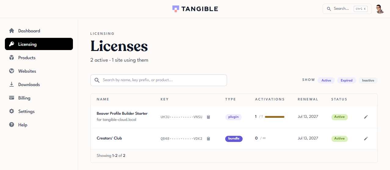 Tangible Cloud Licensing page showing a list of licenses with columns for Name, Key, Type, Activations, Renewal, and Status, plus search and filter controls