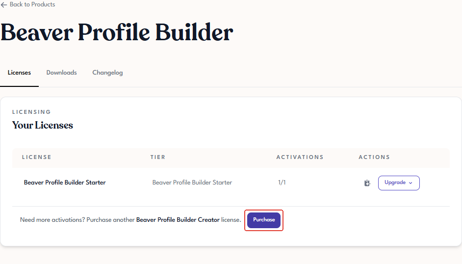 Product detail Licenses tab with the Purchase button highlighted below the Your Licenses table