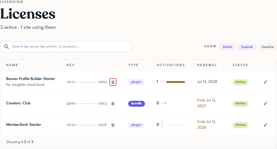 Licensing list with the copy icon beside a masked license key highlighted in the Key column