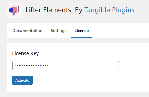 WordPress plugin License tab with a license key entered in the License Key field and an Activate button