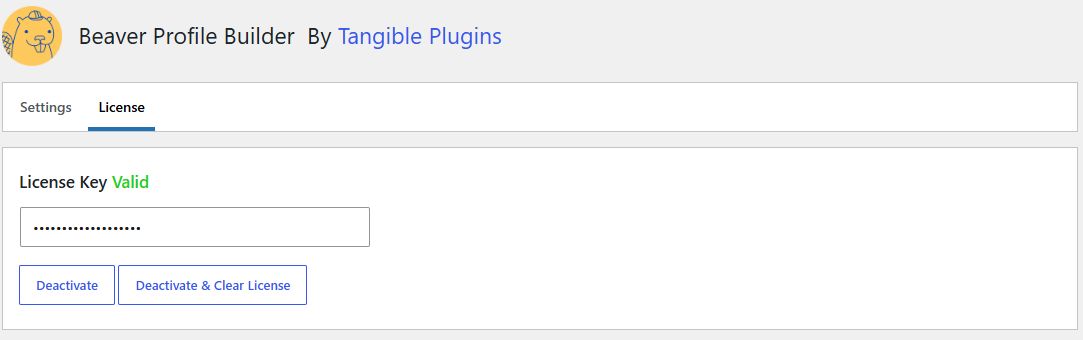 WordPress plugin License tab in activated state showing the license status and a Deactivate button