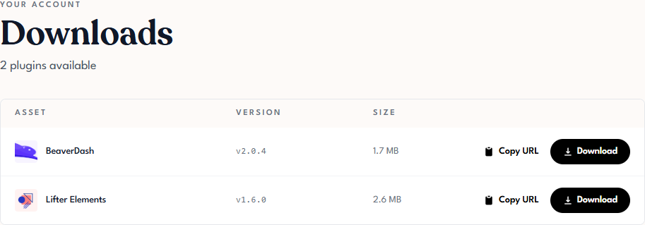 Tangible Cloud Downloads page showing the list of plugin assets with version, size, Copy URL, and Download buttons