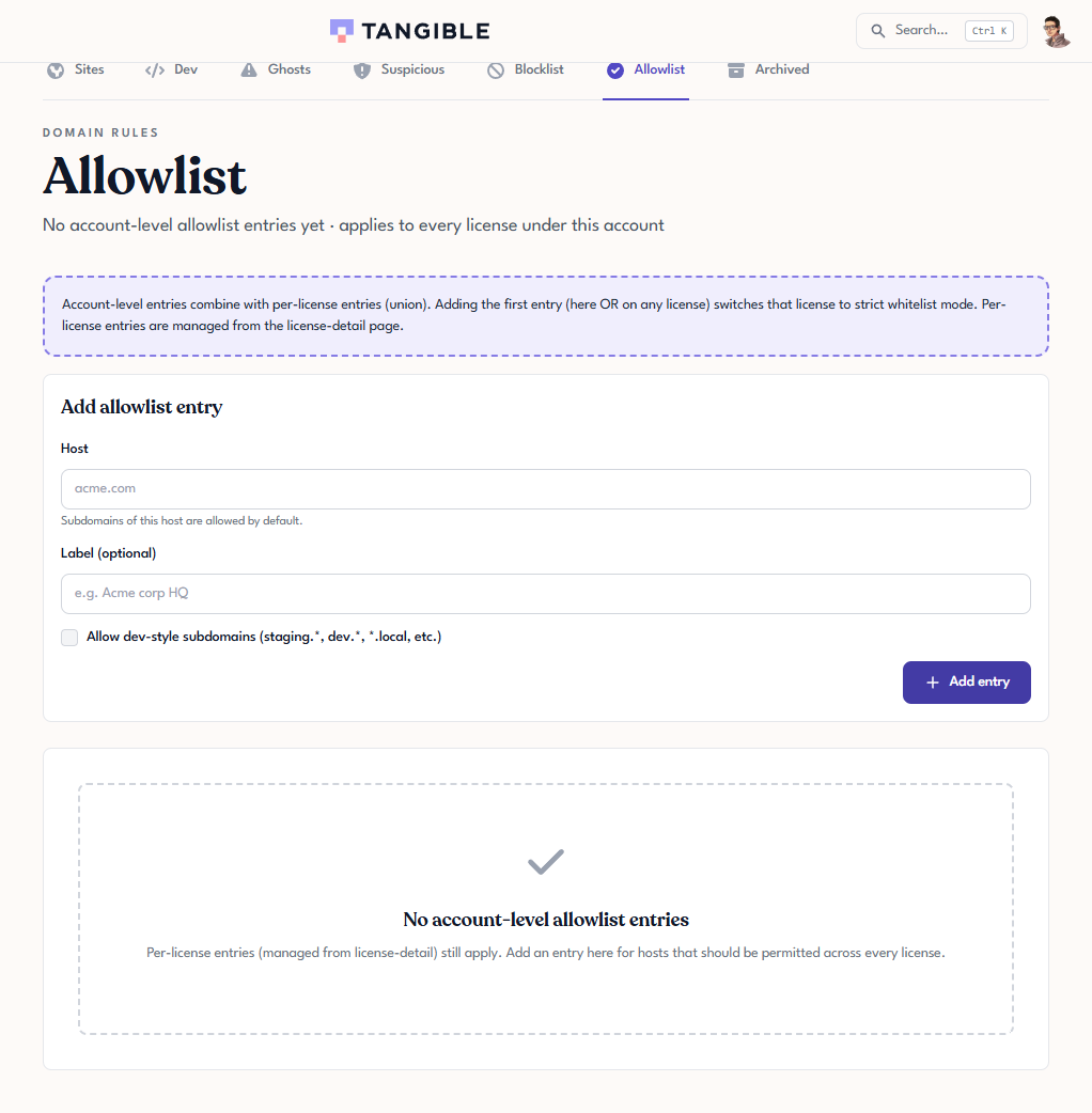 Tangible Cloud Websites → Allowlist tab: the account-level "Add allowlist entry" form with Host, Label, and "Allow dev-style subdomains" fields