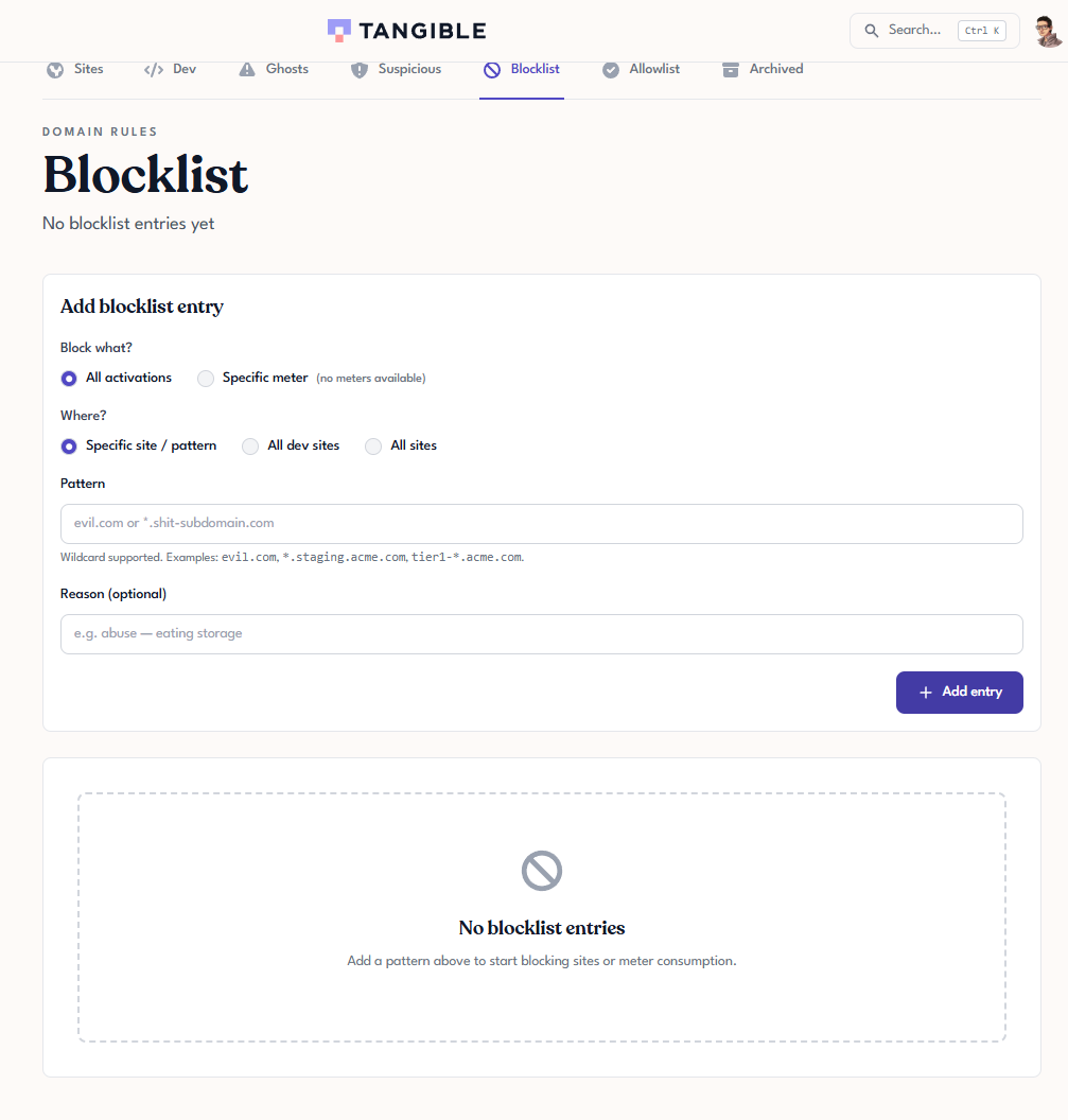 Tangible Cloud Websites → Blocklist tab: the "Add blocklist entry" form with "Block what?" (All activations / Specific meter), "Where?" (Specific site / All dev sites / All sites), Pattern, and Reason fields