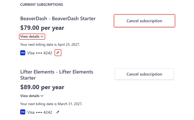 Stripe portal Current subscriptions section with the Cancel subscription button, View details link, and payment-method pencil icon highlighted on the first subscription
