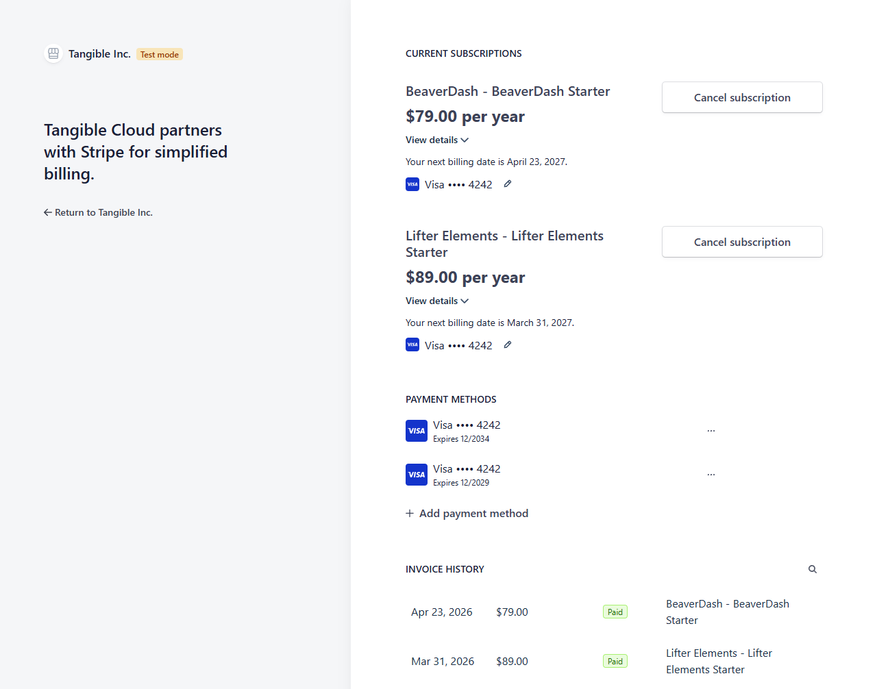 Stripe customer portal landing page for a Tangible Cloud customer showing Current subscriptions, Payment methods, and Invoice history sections