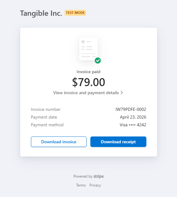 Stripe-hosted invoice detail page showing an Invoice paid badge, amount, invoice number, payment date, payment method, and Download invoice and Download receipt buttons