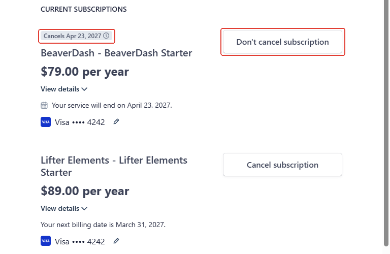Stripe customer portal after canceling a subscription showing a Cancels badge with the end date and a Don't cancel subscription button