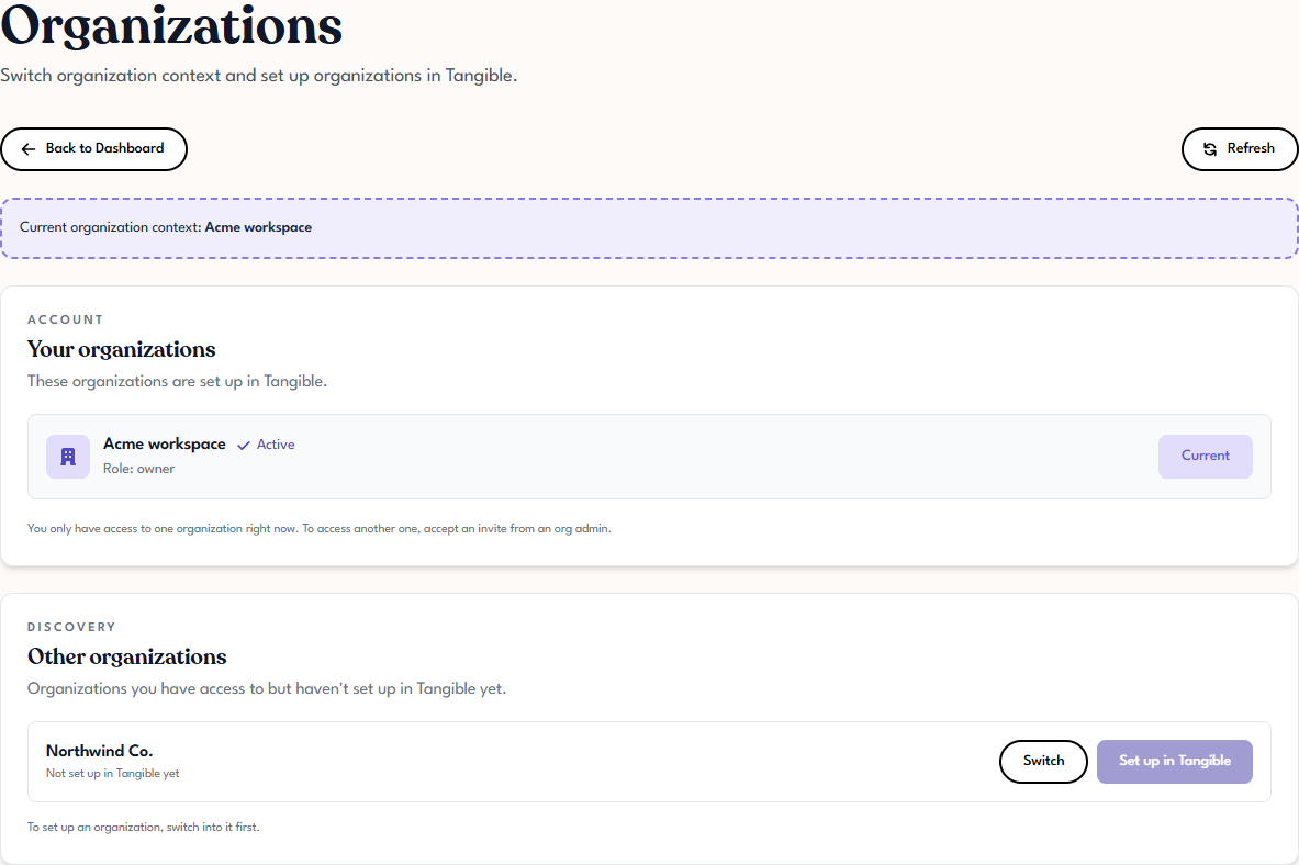 Tangible Cloud Organizations page listing organizations the user is part of, with an indicator for the current context