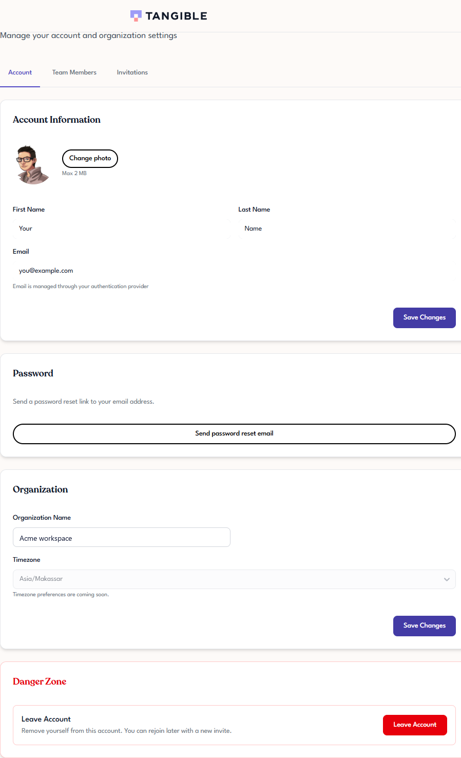 Settings Account tab showing the Account Information, Password, Organization, and Danger Zone sections