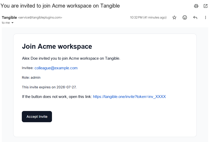 Invitation email showing the organization name, who invited them, the role, the expiry date, and an Accept Invite button