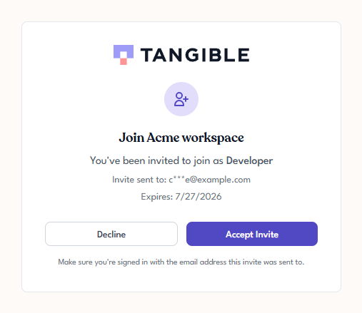 Tangible Cloud invitation page showing the organization name, the role being offered, the masked recipient address, an expiry date, and Decline and Accept Invite buttons